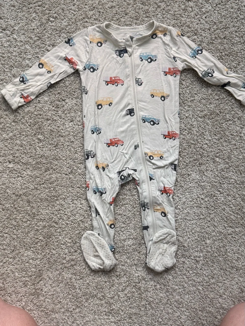 Kyte BABY Cream Footed One-Piece with Blue, Red and Yellow Car Print